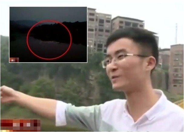 冯先生在河中发现疑似水怪的不明物体，当时河面不停翻腾（小图）。
