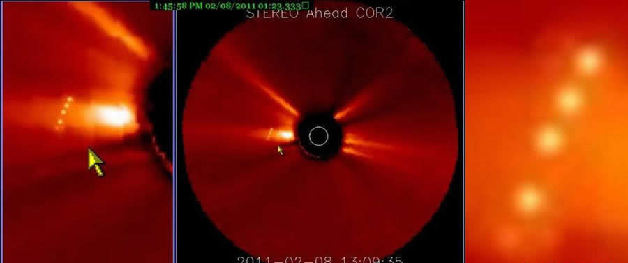 之前，有UFO爱好者在美国太阳观测卫星的影像资料中发现太阳附近有UFO存在。根据距离推测，这些UFO体积应该非常巨大，酷似外星舰队。