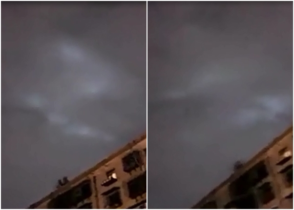 夜空出现的白色异物一时化成单一条“龙”飞舞（左图），一时分开变成两条“龙”盘旋（右图）。