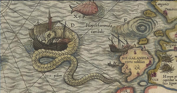 图为地图上出现海怪的经典图片之一：奥洛斯•马格努斯（Olaus Magnus）的“卡塔•玛瑞娜”地图(Carta Marina)显示15