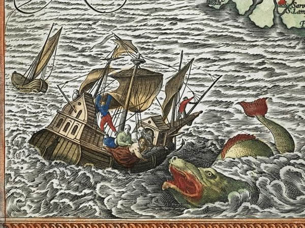 奥特里乌斯的寰宇概观（Theatrum orbis terrarum）的圣地地图里，约拿被扔给海怪。