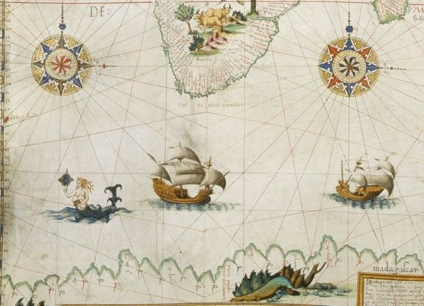 塞壬自我欣赏。在这张1550年皮埃尔•德塞利耶 （Pierre Desceliers）的地图里，塞壬对着镜子里的自己自我欣赏，这是虚荣的象征。塞壬和