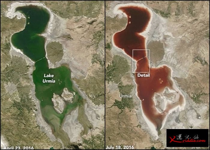 伊朗尔米亚湖（Lake Urmia）受夏季干旱影响湖水变成血红色