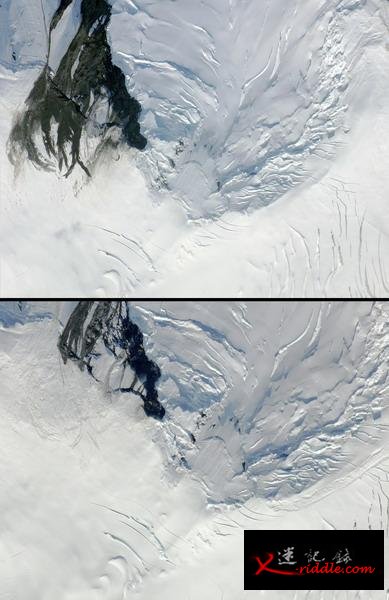 上侧图片是加拿大苏华德冰川地震之前的情景，下侧图片是冰川地震之后拍摄到的。