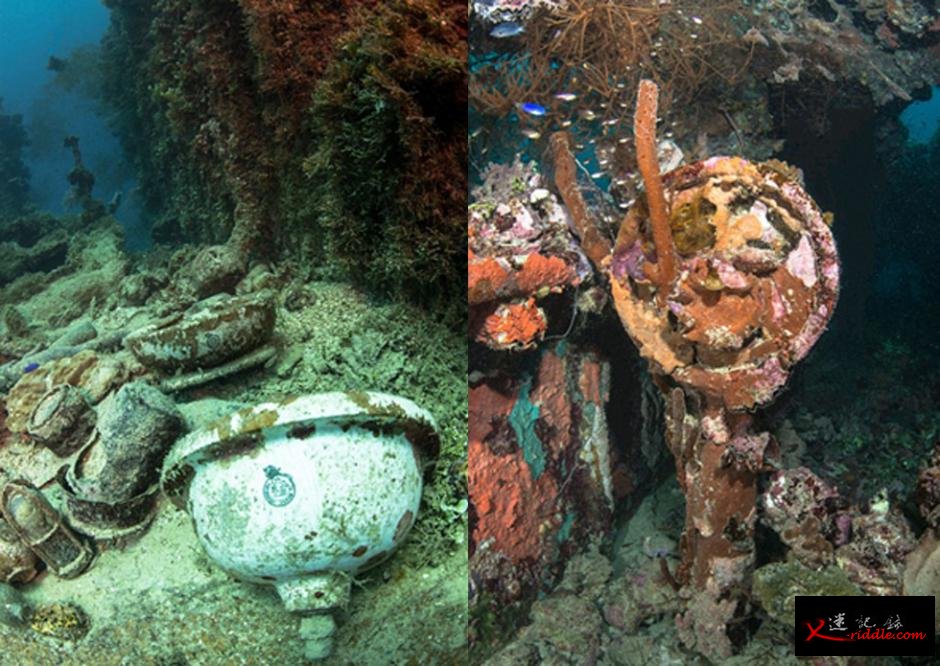 被炸弹和鱼雷击沉的“宽正丸”号（Kansho Maru）残骸，右图为“四国丸”号(Shinkoku Maru)残骸。