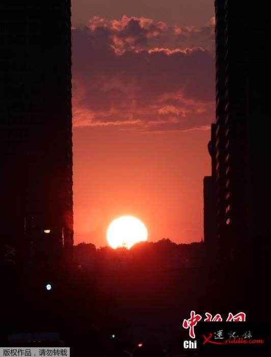7月11日美国纽约曼哈顿再现“曼哈顿悬日”景观