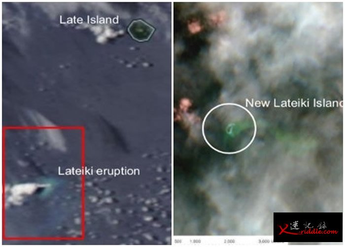 卫星图显示原先的拉德基岛（左图红方框）在火山爆发后沉没，其后形成一个更大的新岛屿（右图白圈）。