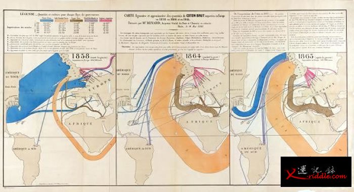 米纳德开创了数种主题制图技术，这些地图分别呈现出1858年、1864年以及1865年时棉花的产地以及进口到欧洲的情形。 MAP COURTESY LIBRARY