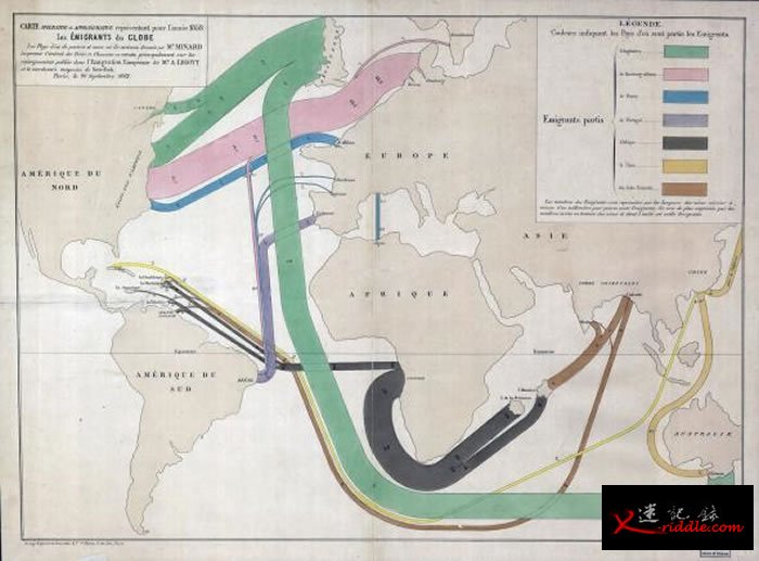 1858年全球移民的流线图，色块代表移民者的母国，线宽代表移民人数（一毫米相当于1500人）。 MAP COURTESY LIBRARY OF CONGRESS