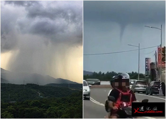 台湾的北海岸上周六下午同时出现雨瀑和水龙卷的奇景。