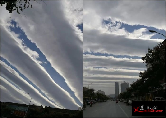 蓝天净空出现一段段的阶级状云层。