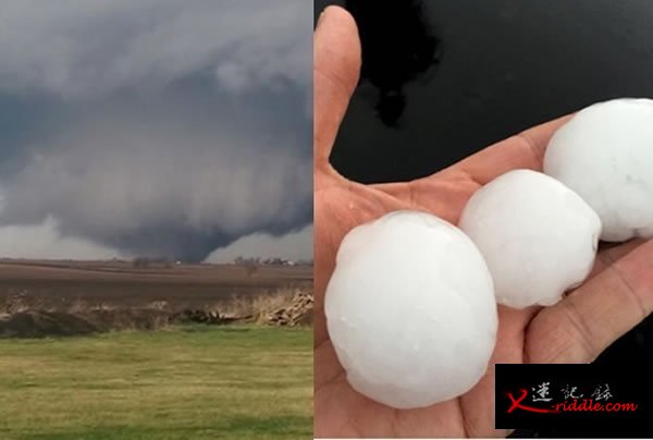 龙卷风同时带来手心大的冰雹及破坏性狂风