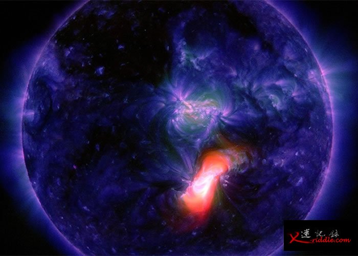 太阳表面爆发闪焰，会引起磁暴。图为美国太空总署（NASA）所拍摄的太阳紫外线。