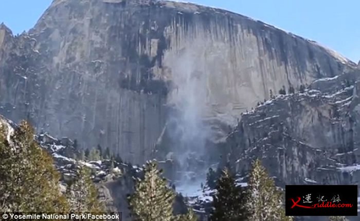 美国约塞米蒂国家公园游客拍到圆顶(Half Dome)发生雪崩的震撼一幕